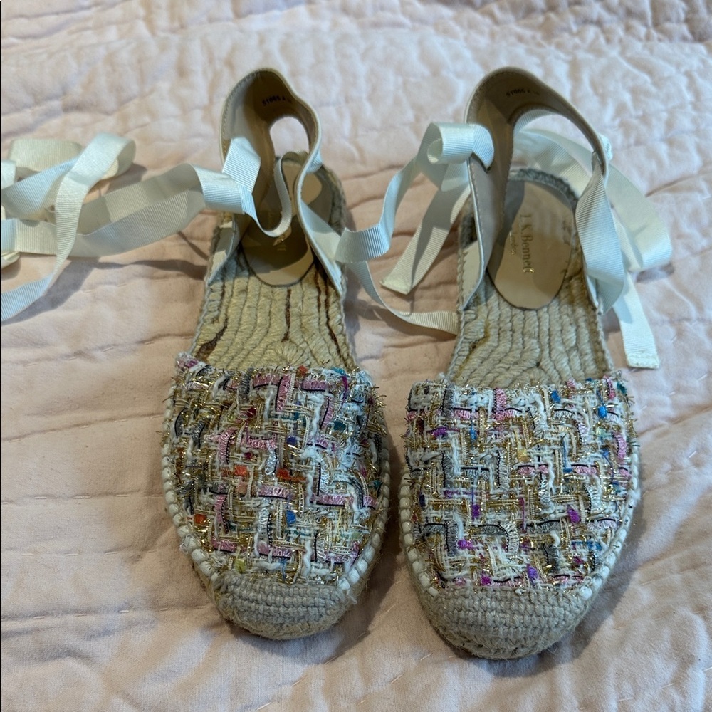 LK Bennett Multicolor Gold Sparkle Woven Espadrille Flats Ribbon Tie 38 8